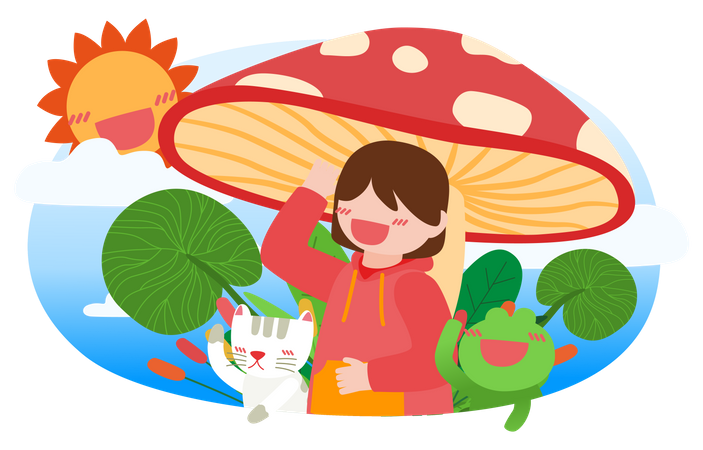 Cheerful girl playing with kitten and frog under large mushroom  Illustration