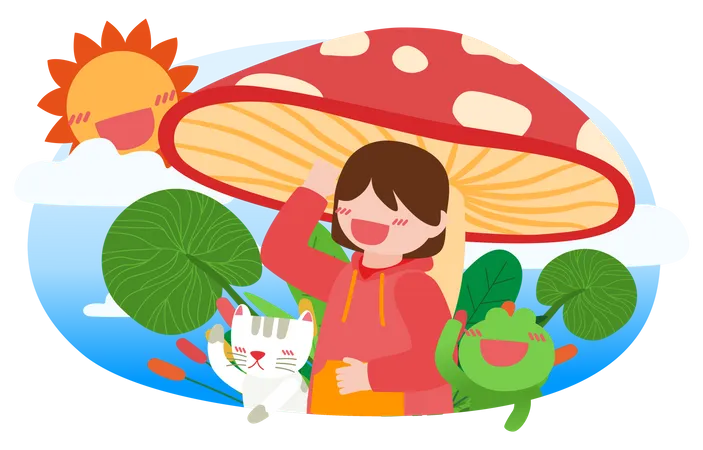 Cheerful girl playing with kitten and frog under large mushroom  Illustration