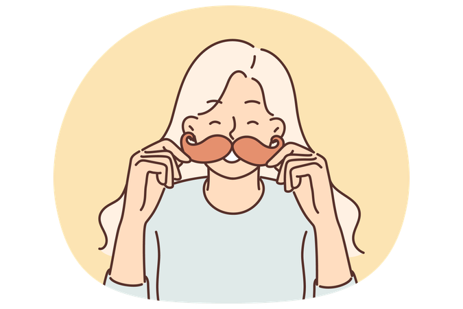 Cheerful girl puts cardboard mustache to face and laughs choosing funny mask for photo  Illustration