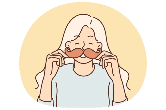 Cheerful girl puts cardboard mustache to face and laughs choosing funny mask for photo  Illustration