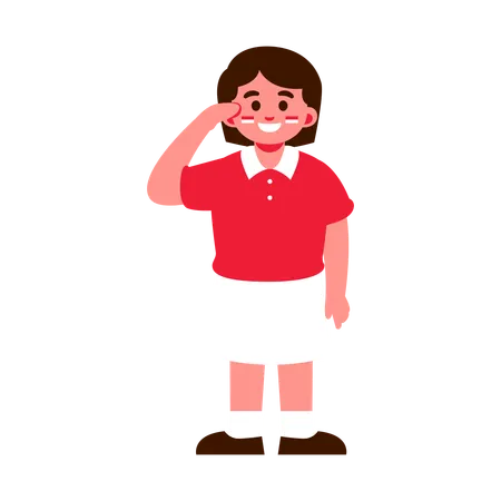 A Smiling Cartoon Girl With Short Brown Hair Wearing A Red Shirt And White Skirt Saluting With A Cheerful Expression Indonesia Independence Illustration