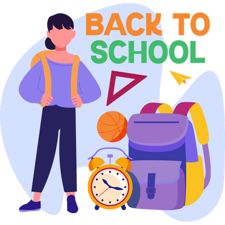 Cheerful girl stands with her backpack excited for the new school year with books and pencils scattered around her  Illustration