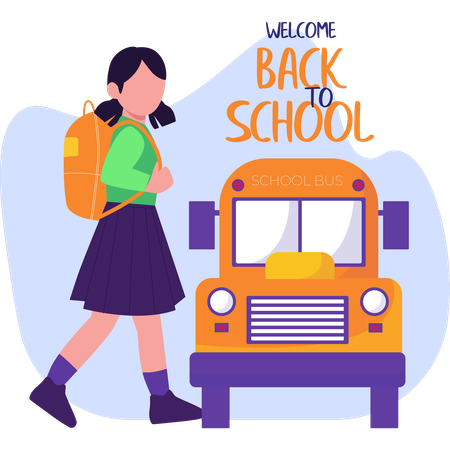 Cheerful girl with a backpack waits by a school bus excited for the upcoming school year  Illustration