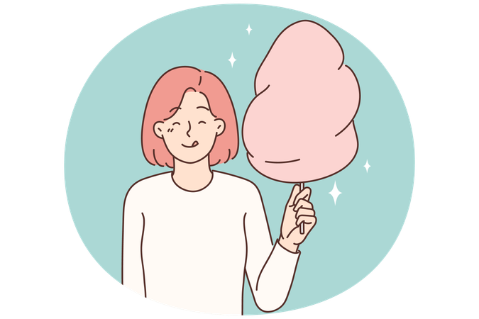 Cheerful girl with cotton candy in hands licks lips in anticipation taste of street dessert  Illustration