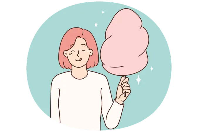 Cheerful girl with cotton candy in hands licks lips in anticipation taste of street dessert  Illustration