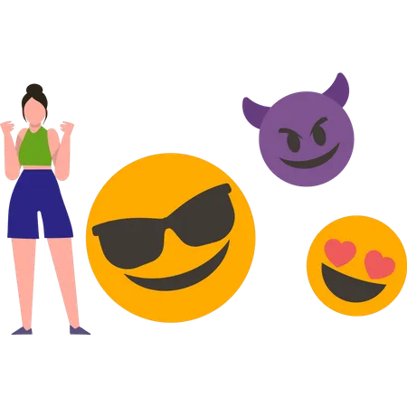 Cheerful girl with emojis  Illustration