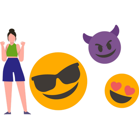 Cheerful girl with emojis  일러스트레이션