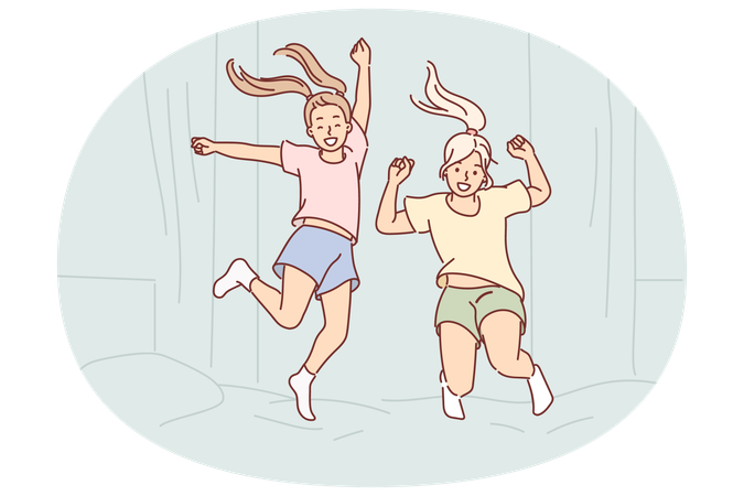 Cheerful girls are jumping on bed in bedroom  Illustration