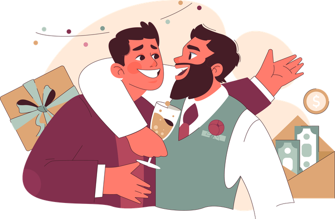 Cheerful groom embraces his best man while holding champagne glass  イラスト