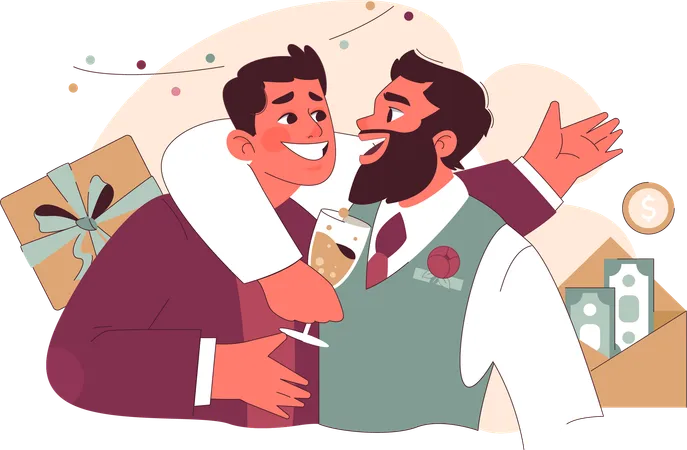 Cheerful groom embraces his best man while holding champagne glass  Illustration