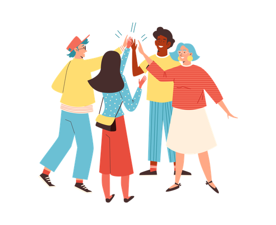 Cheerful group of people give high five  Illustration