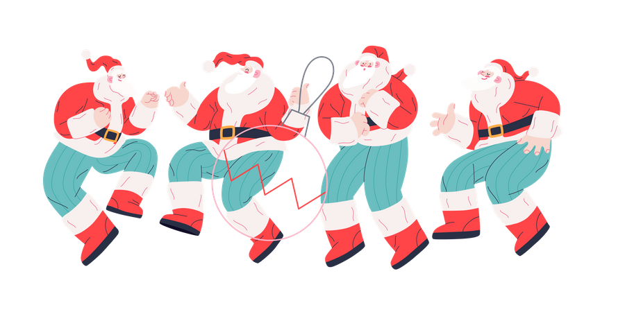 Cheerful Group of Santa Claus dancing in different ways Illustration