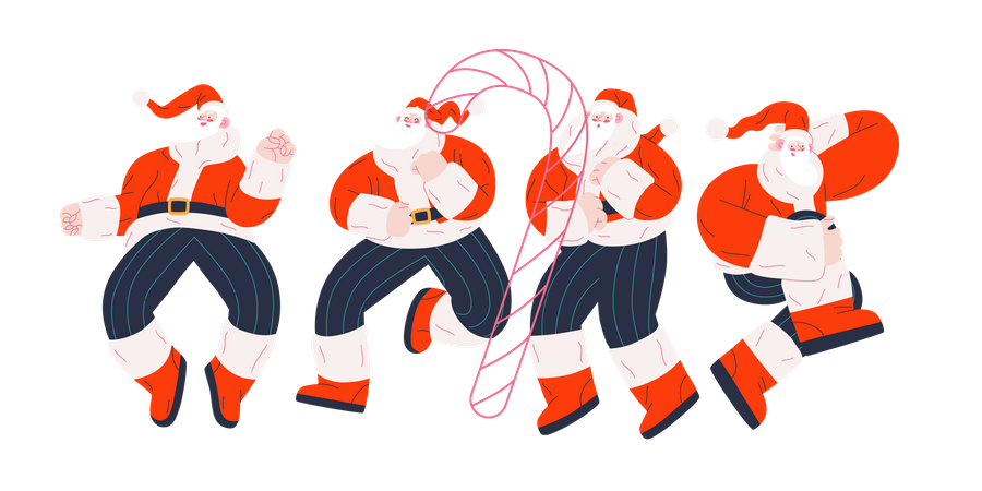 Cheerful Group of Santa Claus dancing in different ways  Illustration