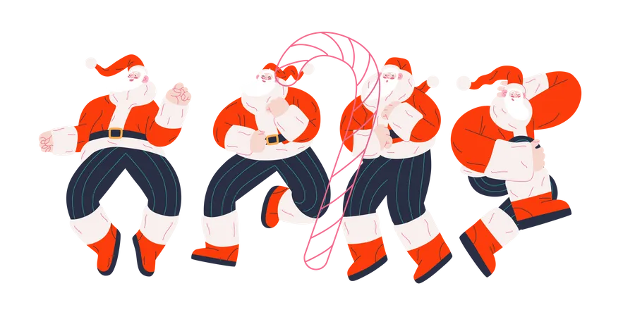 Cheerful Group of Santa Claus dancing in different ways  Illustration