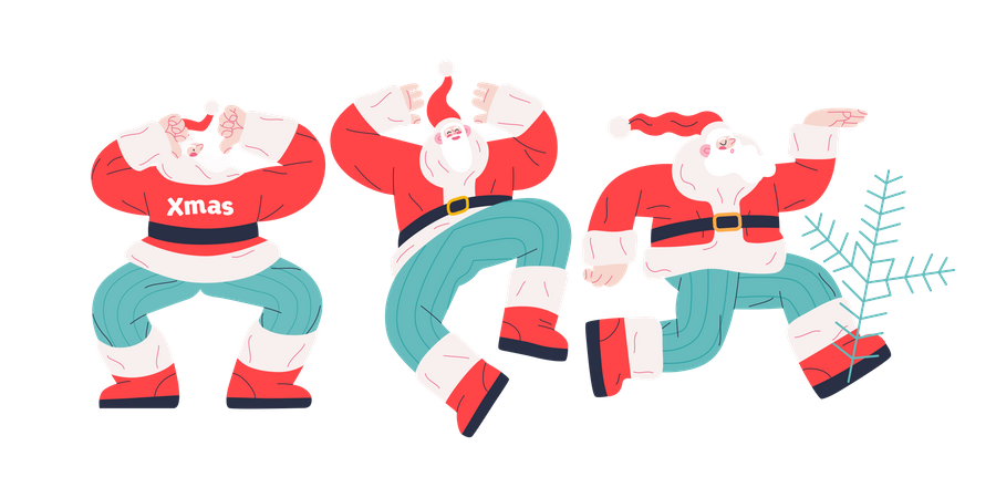 Cheerful Group of Santa Claus dancing in different ways  Illustration