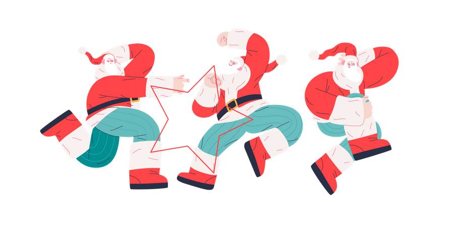 Cheerful Group of Santa Claus dancing in different ways  Illustration