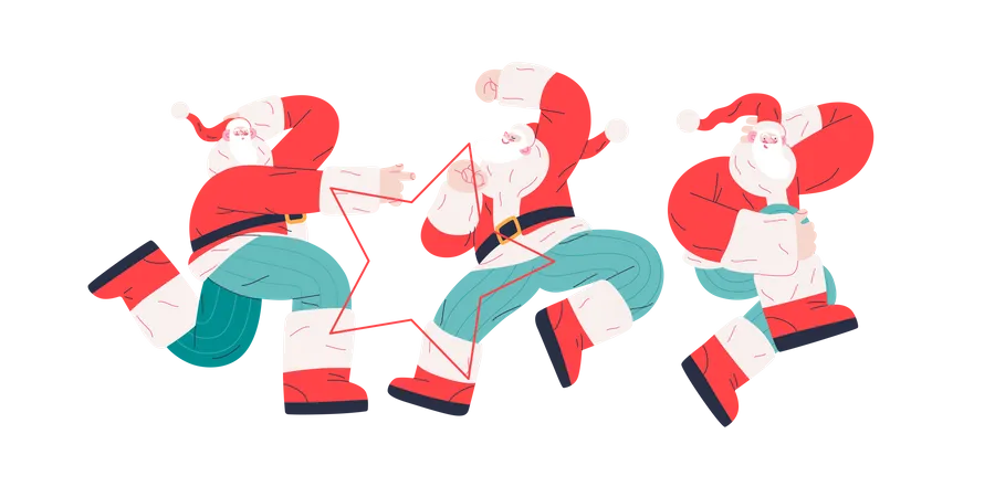 Cheerful Group of Santa Claus dancing in different ways  Illustration