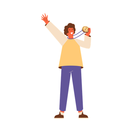 Cheerful happy man showing gold medal  Illustration
