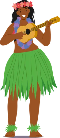 Cheerful Hawaiian Dancer In Vibrant Green Grass Skirt and Plays Ukulele  Illustration