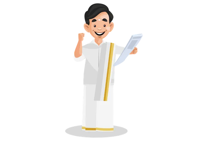 Cheerful Indian Malayali man holding the news paper in hand Illustration