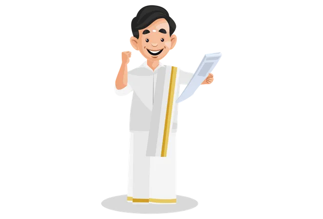 Cheerful Indian Malayali man holding the news paper in hand  Illustration