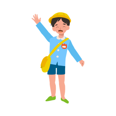 Cheerful Japanese Preschool Boy in Traditional Uniform Waving Goodbye  Illustration