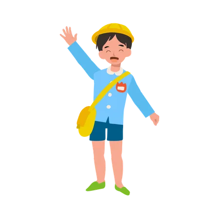 Cheerful Japanese Preschool Boy in Traditional Uniform Waving Goodbye  Illustration