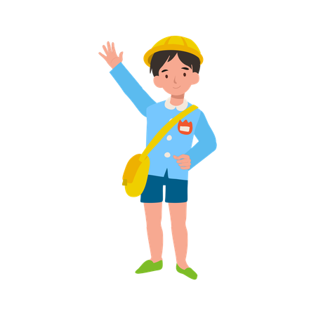 Cheerful Japanese Preschool Boy in Traditional Uniform Waving Goodbye  Illustration