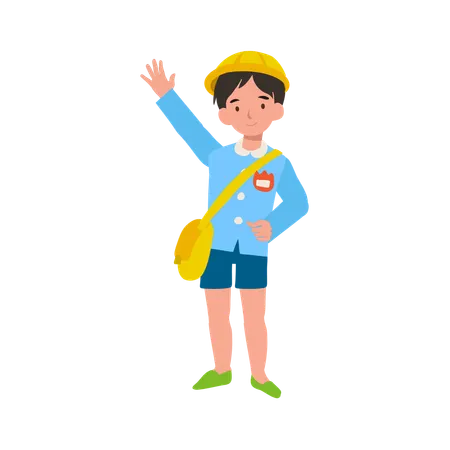 Cheerful Japanese Preschool Boy in Traditional Uniform Waving Goodbye  Illustration