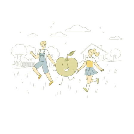 Cheerful Little Children On Stroll Boy And Girl Holding Hands With Banner Healthy Nutrition Natural Fruit Concept Cartoon Sketch Flat Vector Illustration Illustration
