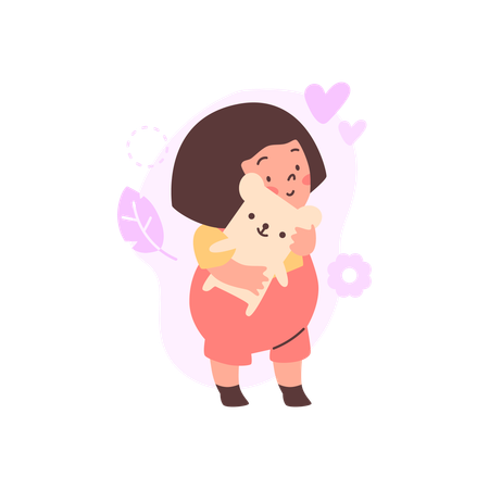 Cheerful little girl hugging teddy bear  Illustration