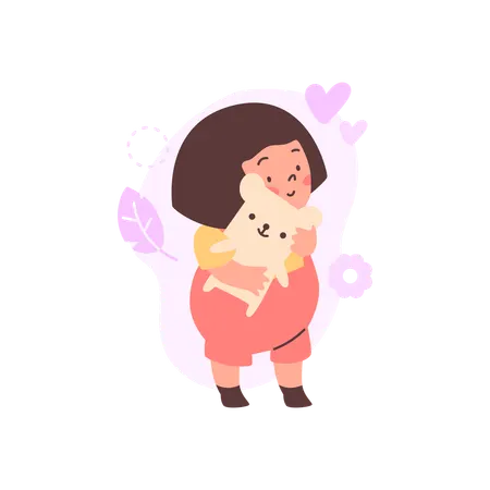 Cheerful little girl hugging teddy bear  Illustration