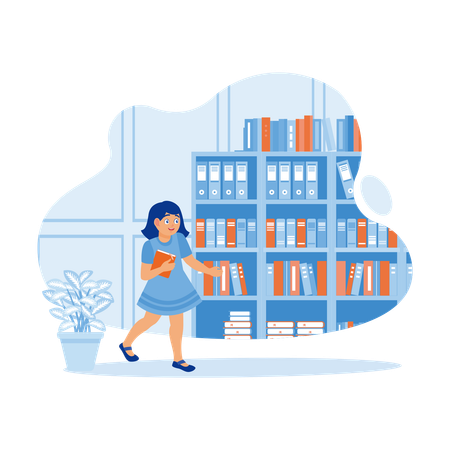 Cheerful Little Girl In School Library With Carried Book And Stood In Front Of Bookshelf  イラスト