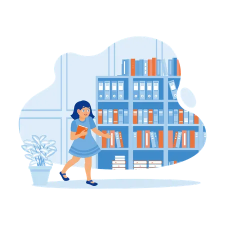 Cheerful Little Girl In School Library With Carried Book And Stood In Front Of Bookshelf  Illustration