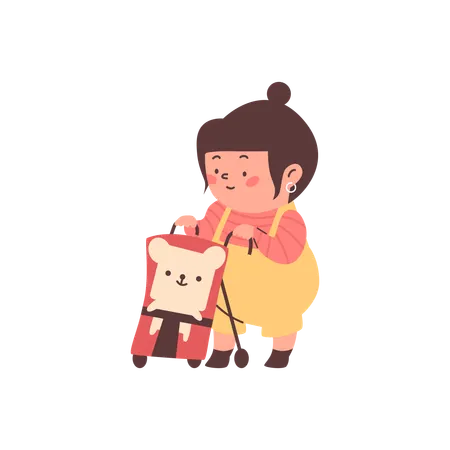 Cheerful little girl playing with stroller and teddy bear  Illustration