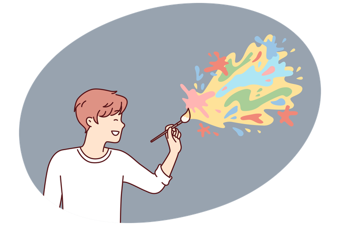 Cheerful male artist applying paint on wall drawing abstract colorful blots  Illustration