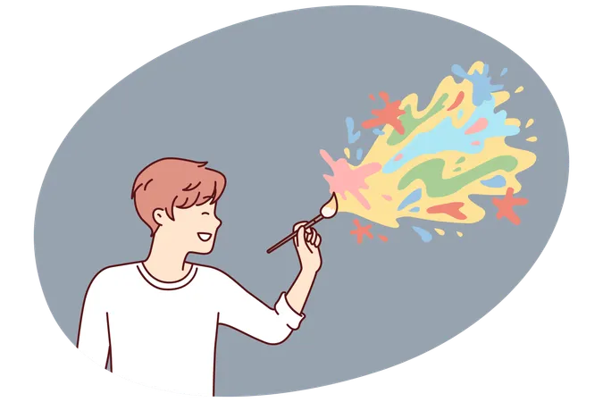 Cheerful male artist applying paint on wall drawing abstract colorful blots  Illustration
