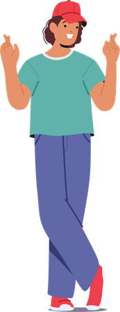 Cheerful Male  Wearing Casual Clothing and Cap Standing With Fingers Crossed In  Hopeful Gesture  Illustration