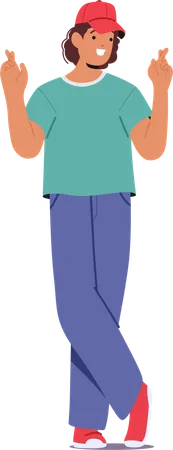 Cheerful Male  Wearing Casual Clothing and Cap Standing With Fingers Crossed In  Hopeful Gesture  Illustration