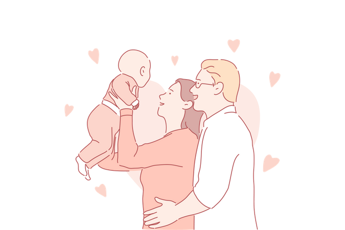 Cheerful man and woman with newborn baby  Illustration