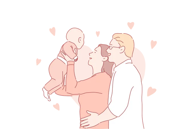 Happy Parenthood Young Family Childcare Concept Cheerful Man And Woman With Newborn Baby Joyful Father Hugging Mother With Infant Parents Playing With Toddler Simple Flat Vector Illustration