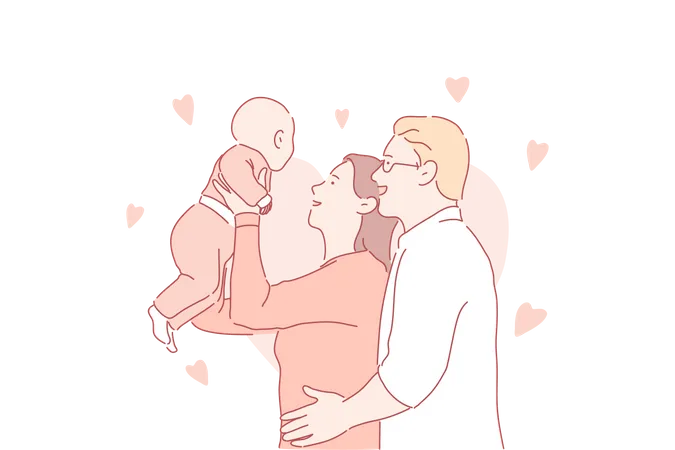 Cheerful man and woman with newborn baby  Illustration