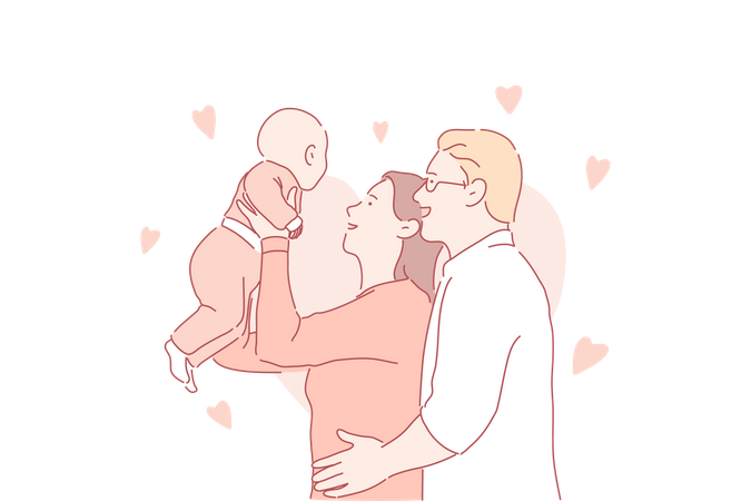 Cheerful man and woman with newborn baby  イラスト