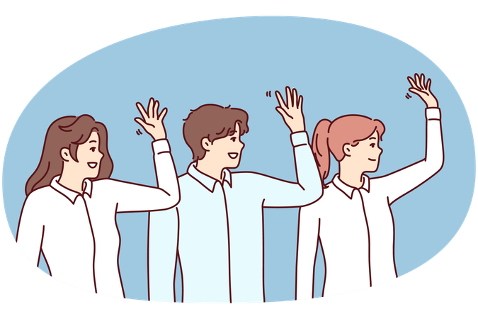 Cheerful man and women in office clothes standing in row showing hello gesture  Illustration