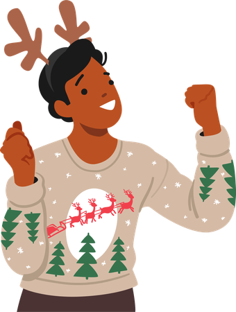 Cheerful Man Character In A Cozy Christmas Sweater And A Festive Deer Headband  Illustration