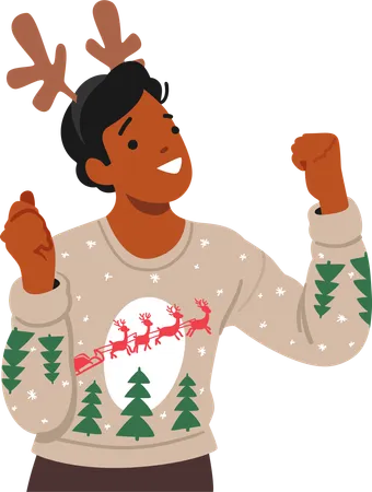 Cheerful Man Character In A Cozy Christmas Sweater And A Festive Deer Headband  Illustration