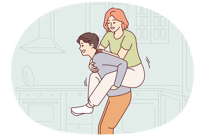Cheerful man giving woman ride on back while having fun together in kitchen own house  Illustration
