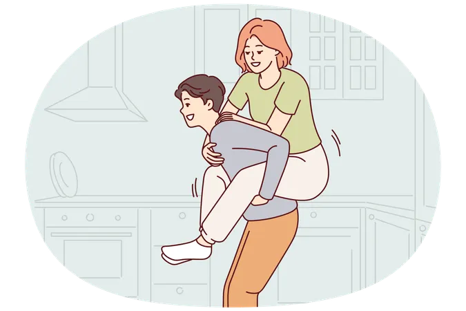Cheerful man giving woman ride on back while having fun together in kitchen own house  Illustration