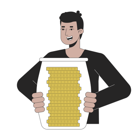 Cheerful man holding jar with coins  Illustration