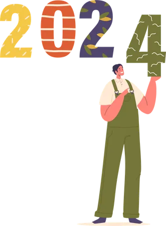 Cheerful Man Proudly Holds The Numbers 2024 Isolated On White Background Happy Male Character Radiating Hope And Optimism For The Future In A Mere Glimpse Cartoon People Vector Illustration Illustration